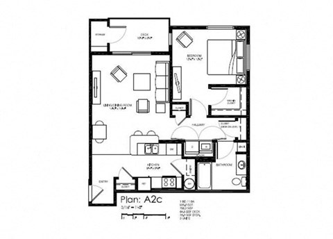 Floor plan for 1 bed, 1 bath, 820 sqft